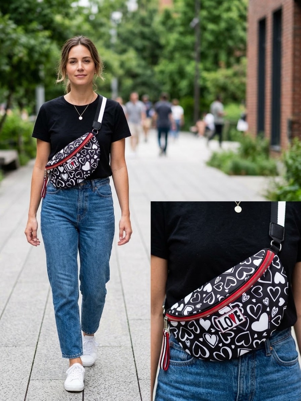 New Brighton Heart Print Fanny Pack Zipper Black White Gift